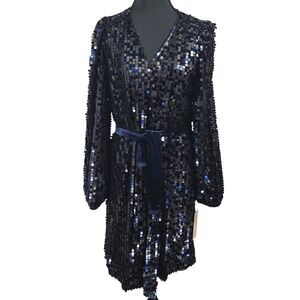 Nanette Lepore Womens Sequin V-Neck Wrap Dress Black Navy Blue Belted Size 4 NWT